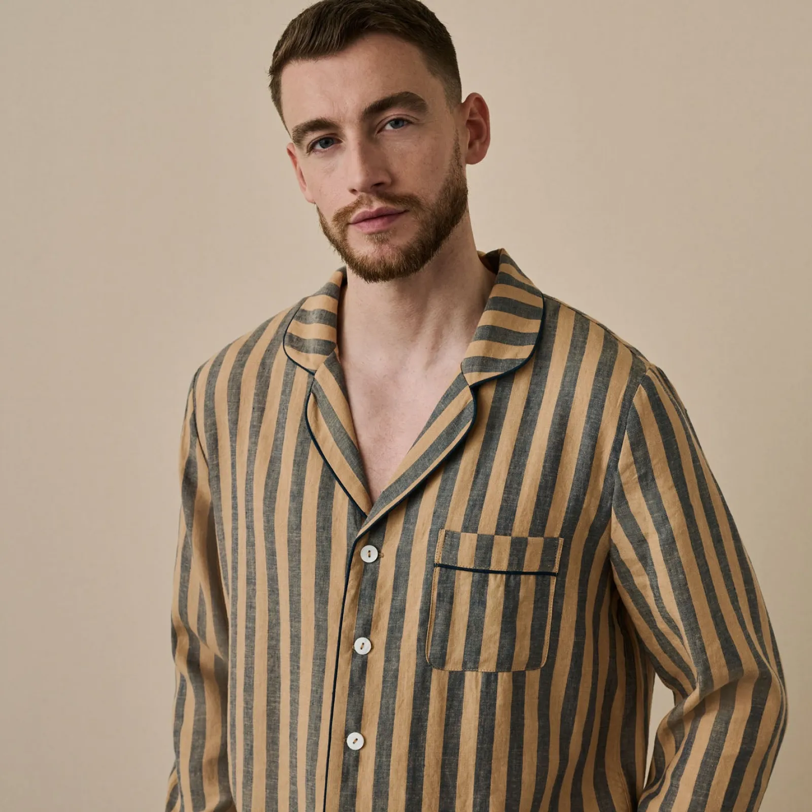 Piglet in Bed Blue Porcini Striped Linen Tencel Men's Pajama Shirt Blue & Porcini Stripe Clearance