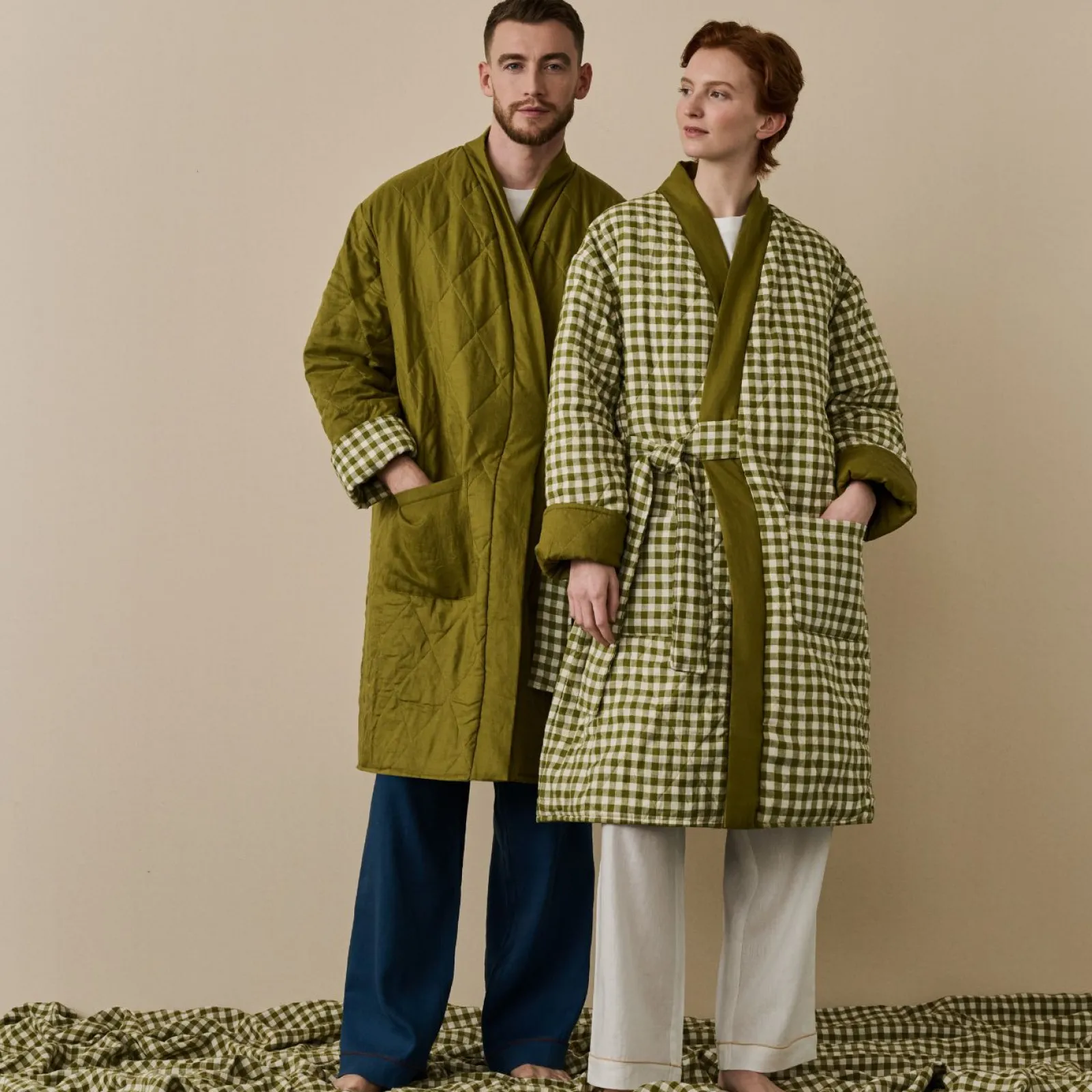 Piglet in Bed Linen Housecoat Botanical Green Gingham Online