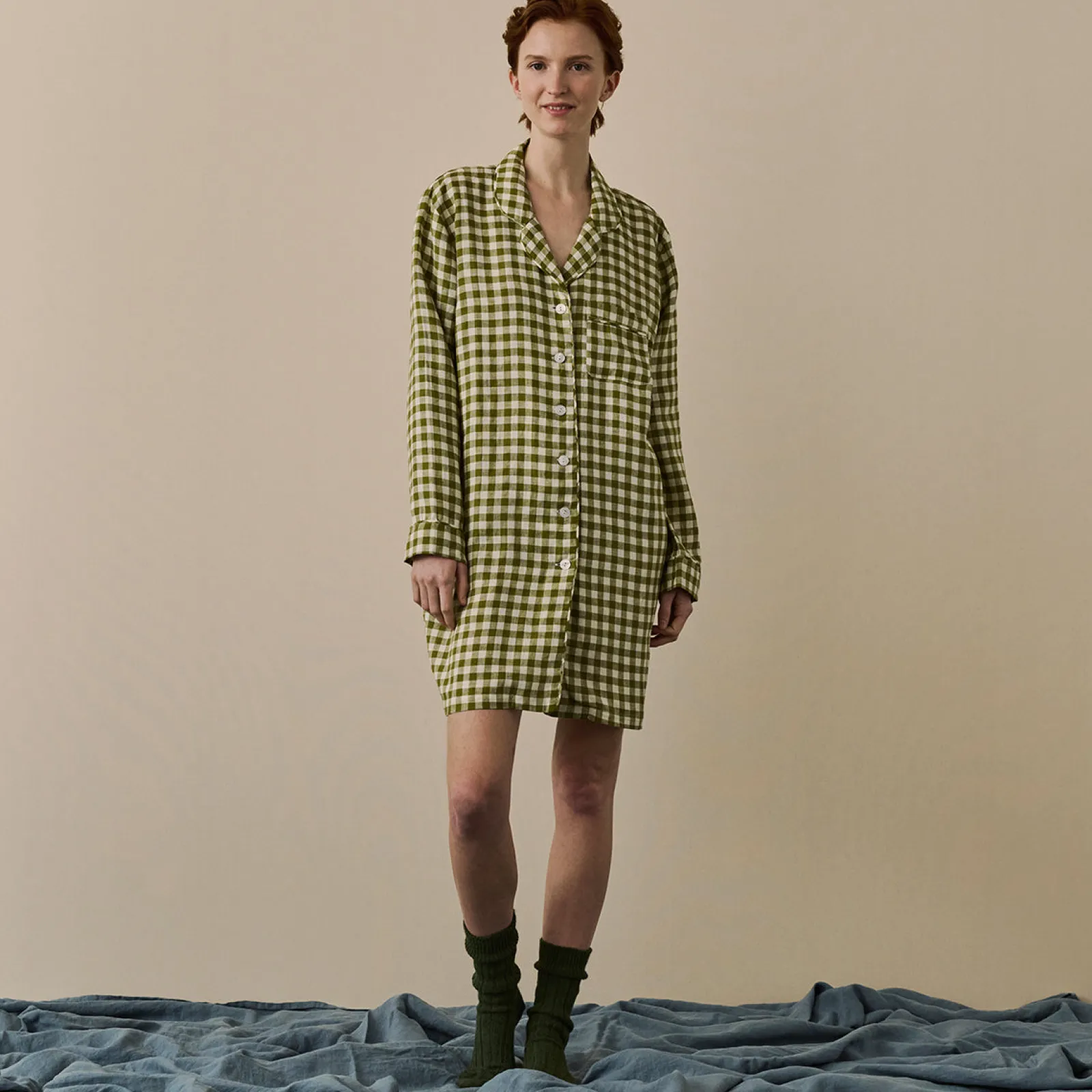 Piglet in Bed Linen Night Shirt Botanical Green Gingham Online