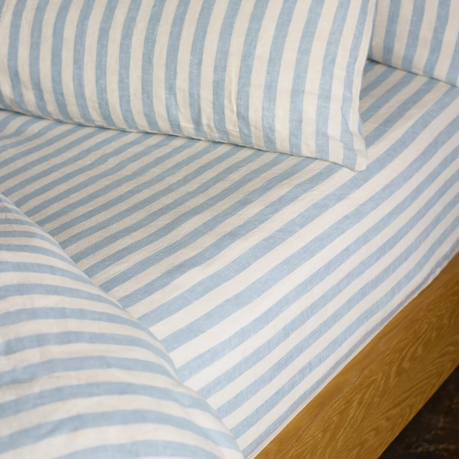 Piglet in Bed 100% Linen Fitted Sheet Coastal Blue Pembroke Stripe Cheap