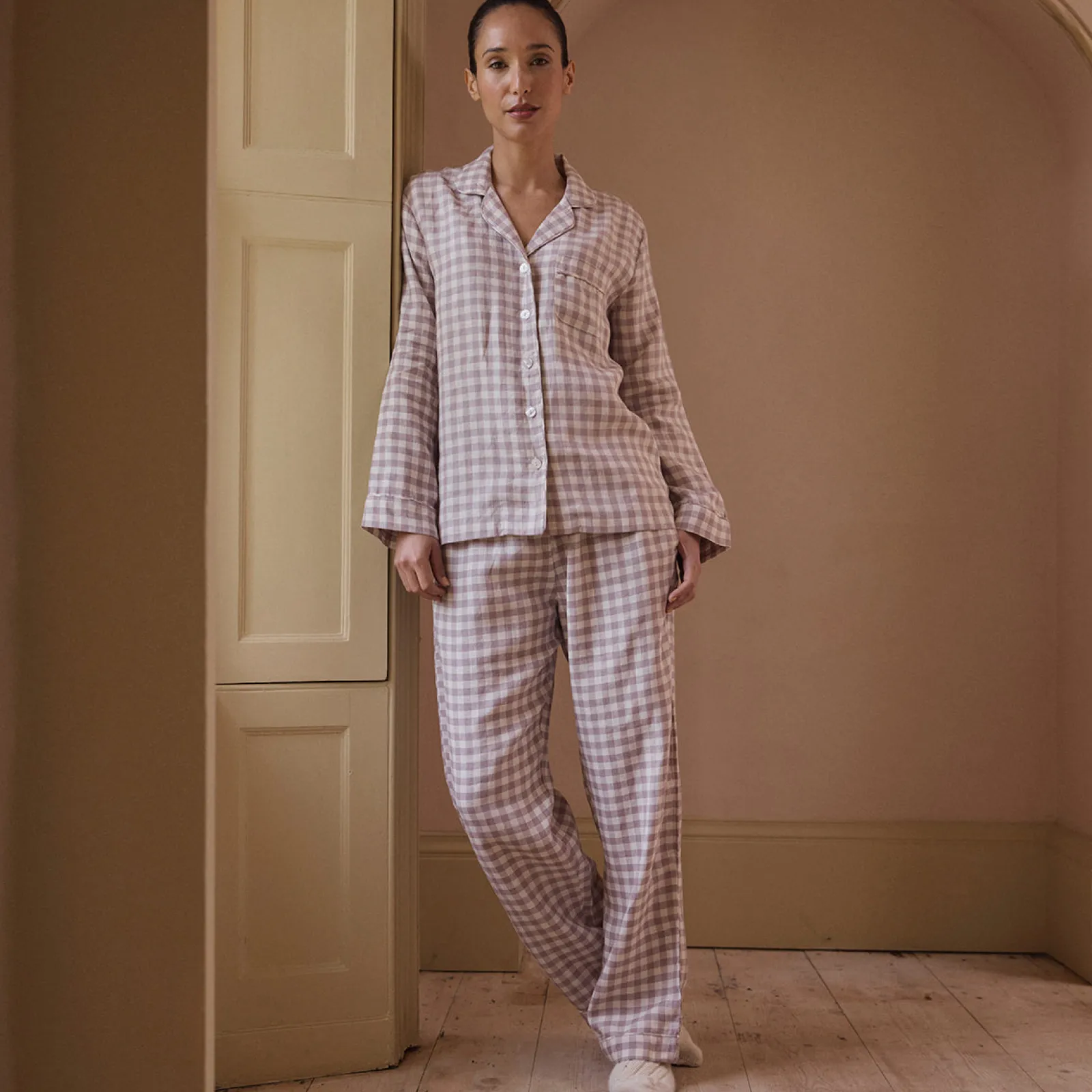 Piglet in Bed Linen Women's Pajama Shirt Elderberry Gingham Cheap