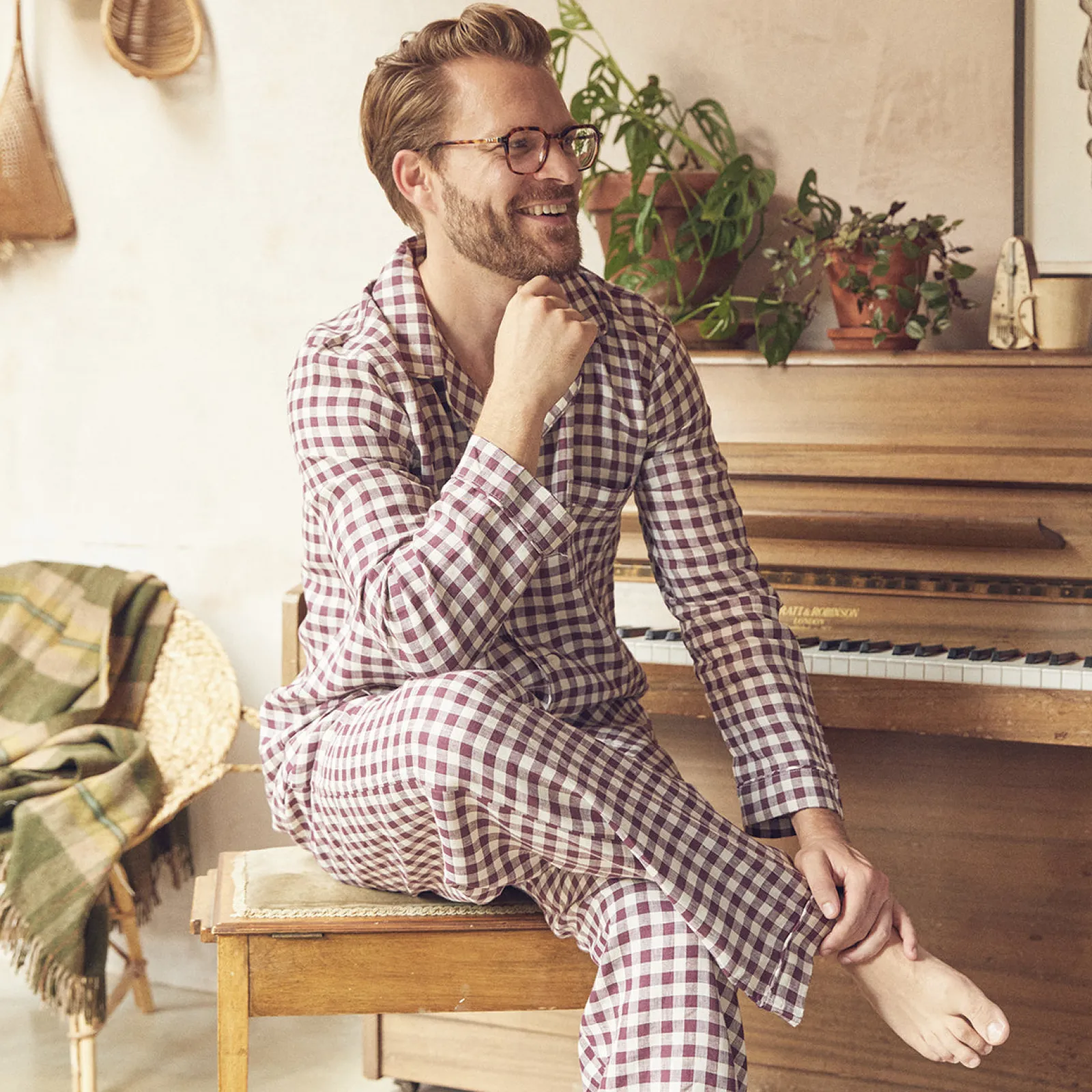 Piglet in Bed Men's Pajama Set Berry Gingham Fashion