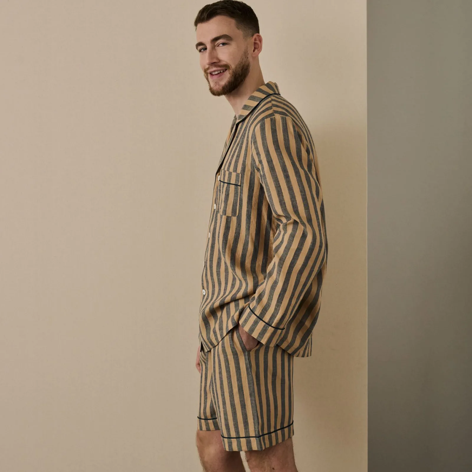 Piglet in Bed Men's d Linen Pajama Short Set Blue & Porcini Stripe Cheap