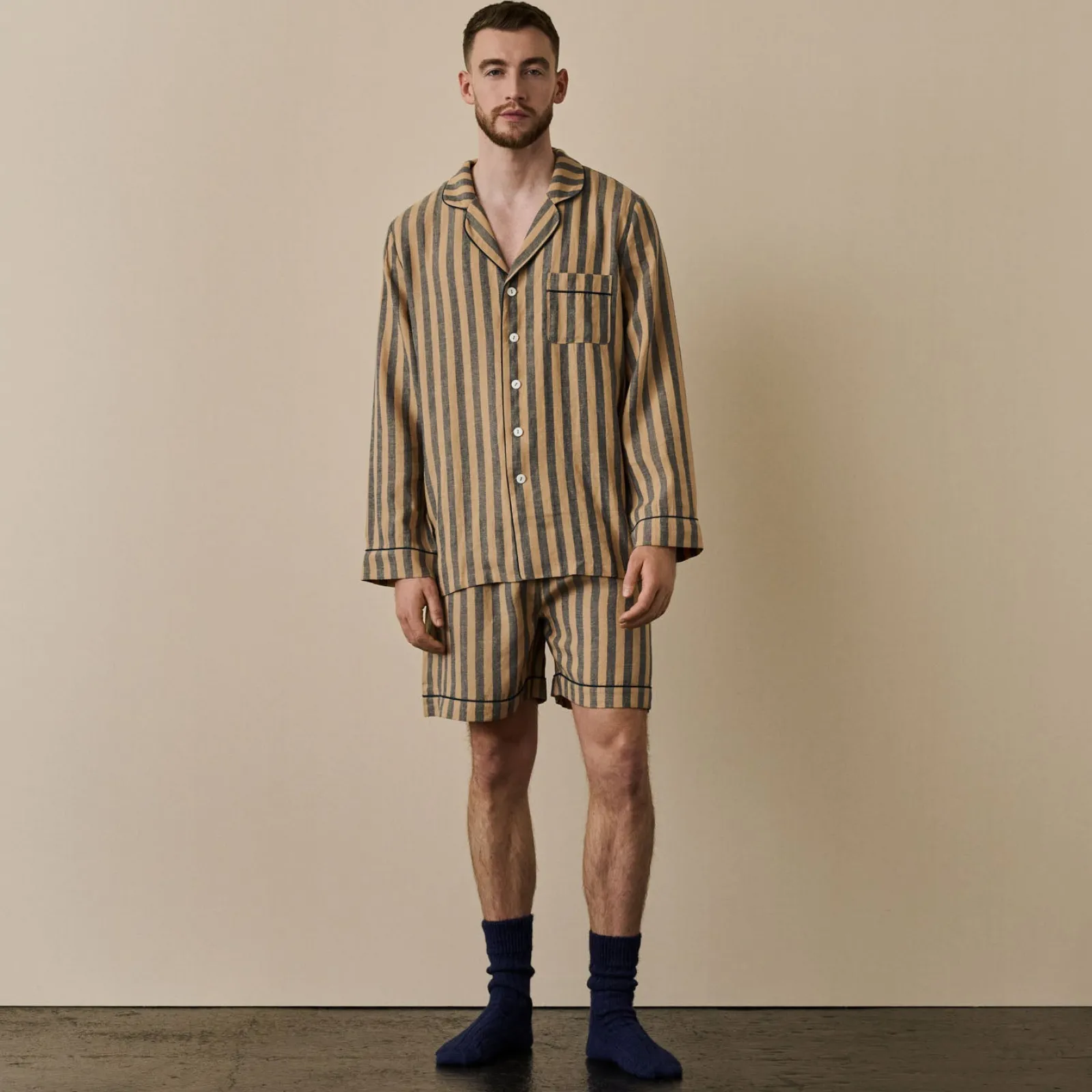 Piglet in Bed Men's d Linen Pajama Short Set Blue & Porcini Stripe Cheap