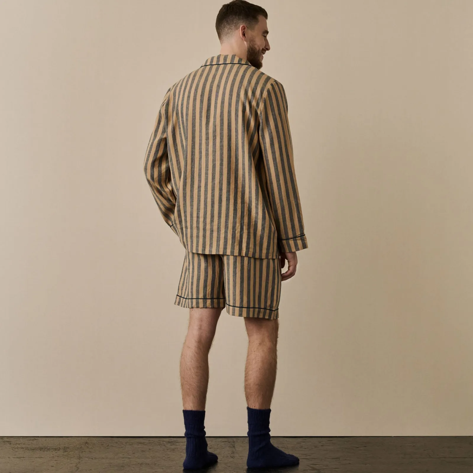 Piglet in Bed Men's d Linen Pajama Short Set Blue & Porcini Stripe Cheap