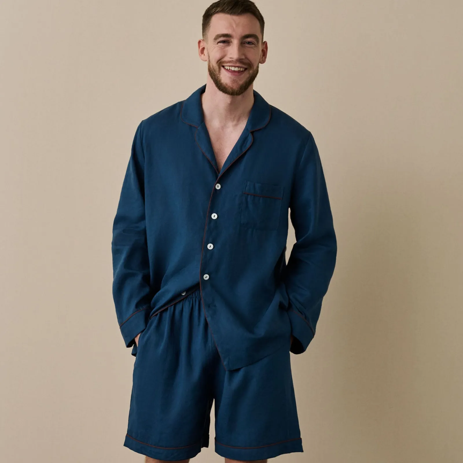 Piglet in Bed Men's Linen Pajama Short Set Marine Blue Discount