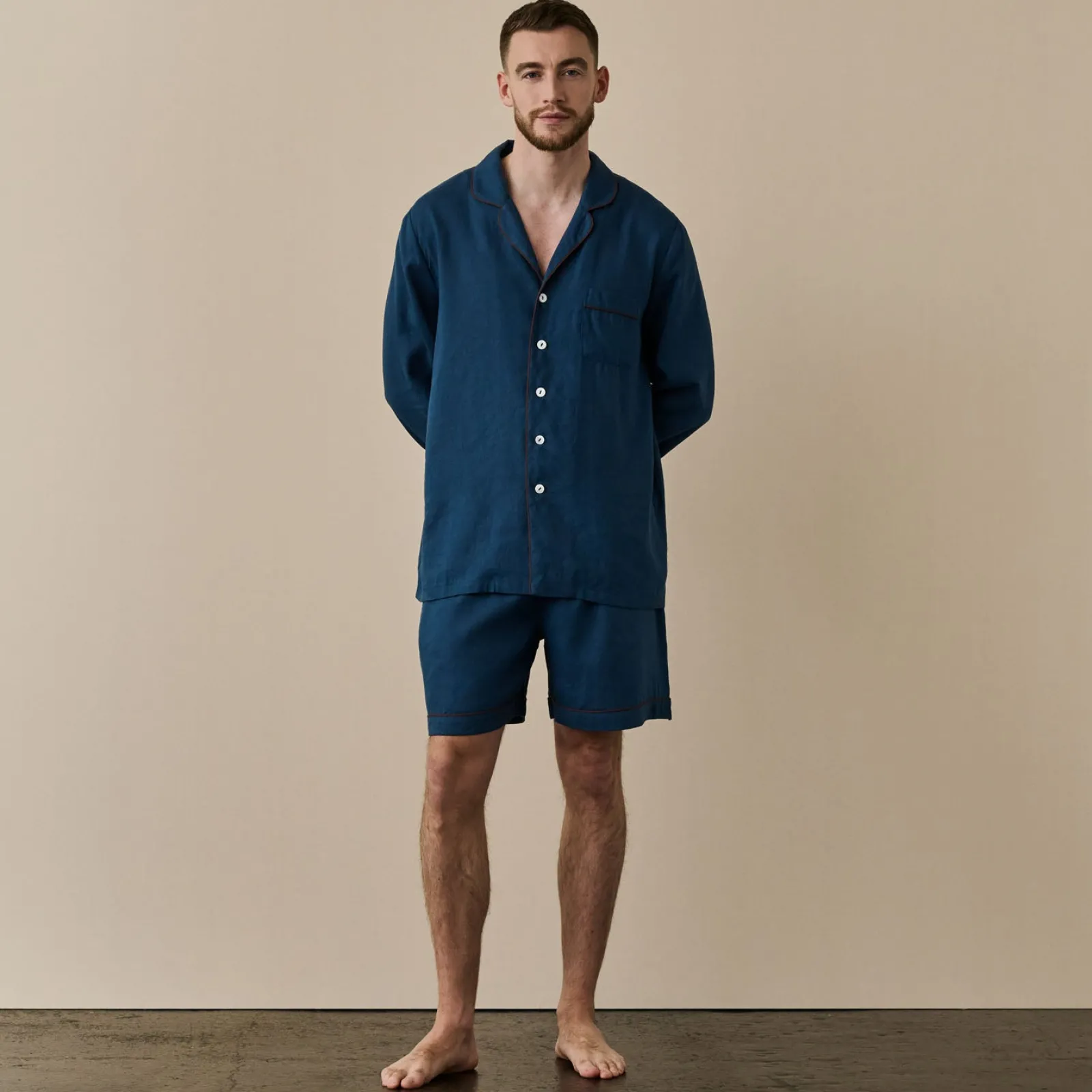 Piglet in Bed Men's Linen Pajama Short Set Marine Blue Discount