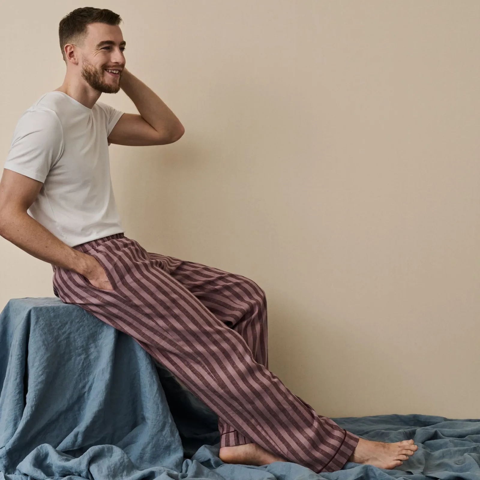 Piglet in Bed Men's d Linen Pajama Pants Port & Woodrose Stripe Cheap