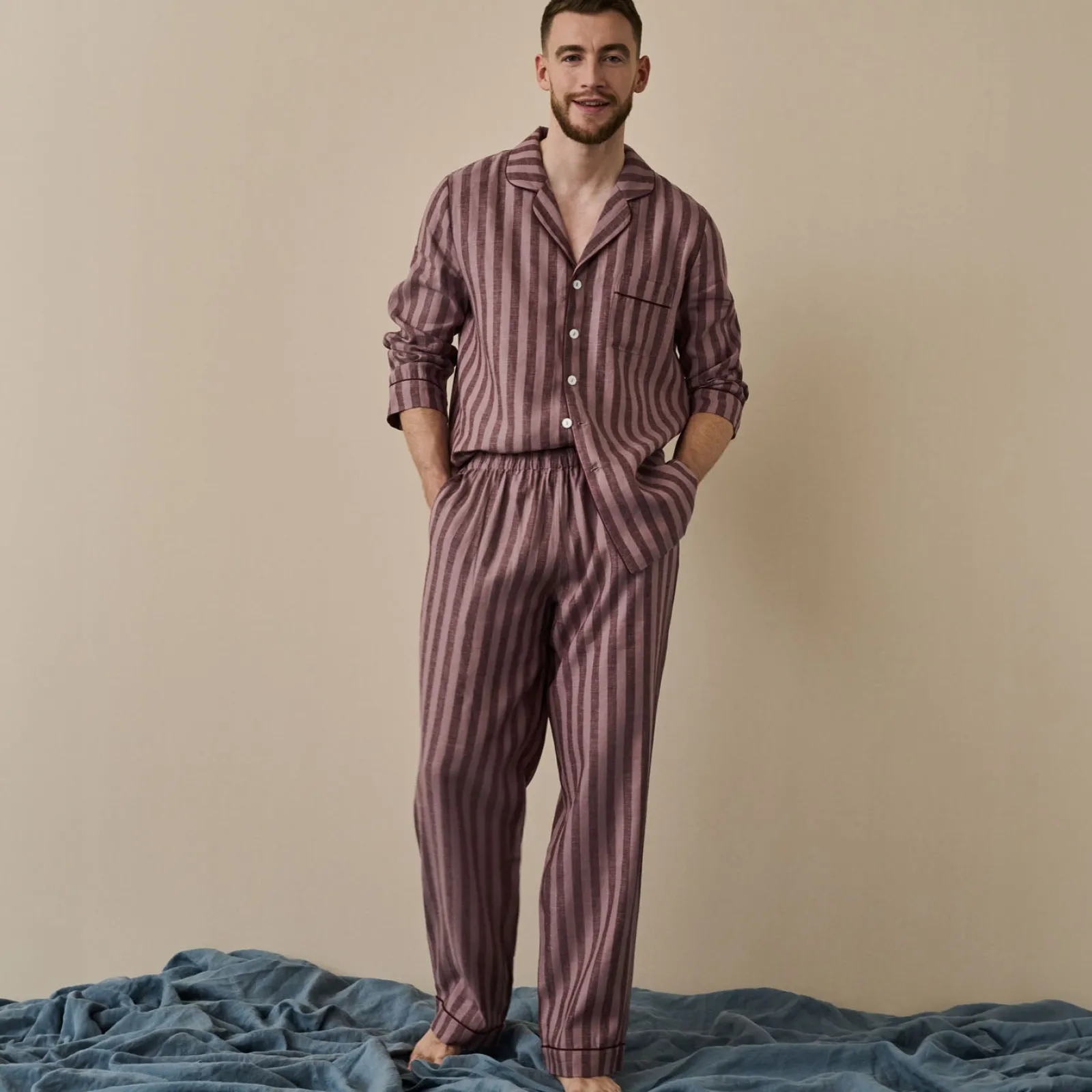 Piglet in Bed Men's d Linen Pajama Set Port & Woodrose Stripe Cheap