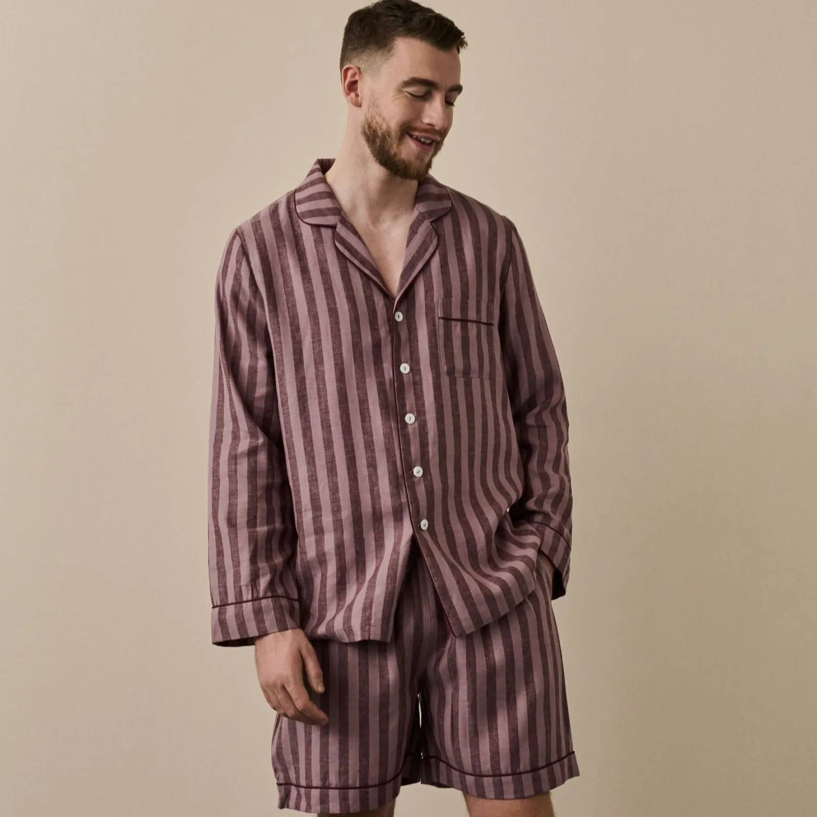 Piglet in Bed Men's d Linen Pajama Short Set Port & Woodrose Stripe Discount