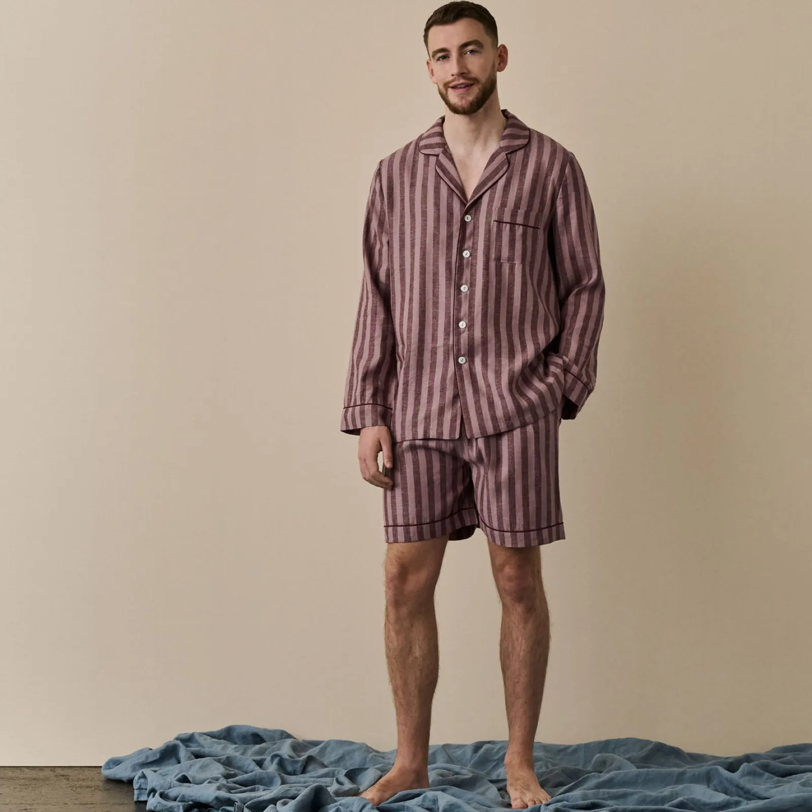 Piglet in Bed Men's d Linen Pajama Short Set Port & Woodrose Stripe Discount