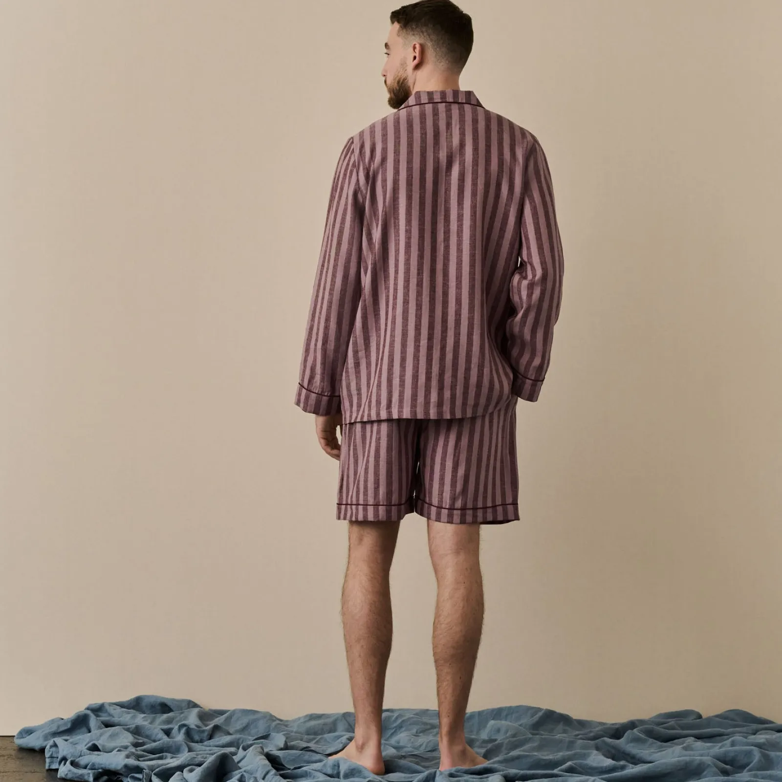 Piglet in Bed Men's d Linen Pajama Short Set Port & Woodrose Stripe Discount
