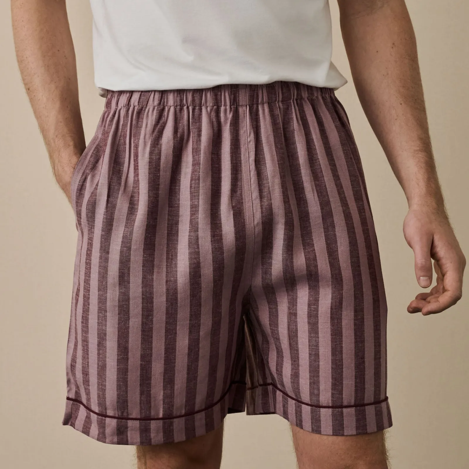 Piglet in Bed Men's d Linen Pajama Shorts Port & Woodrose Stripe Flash Sale