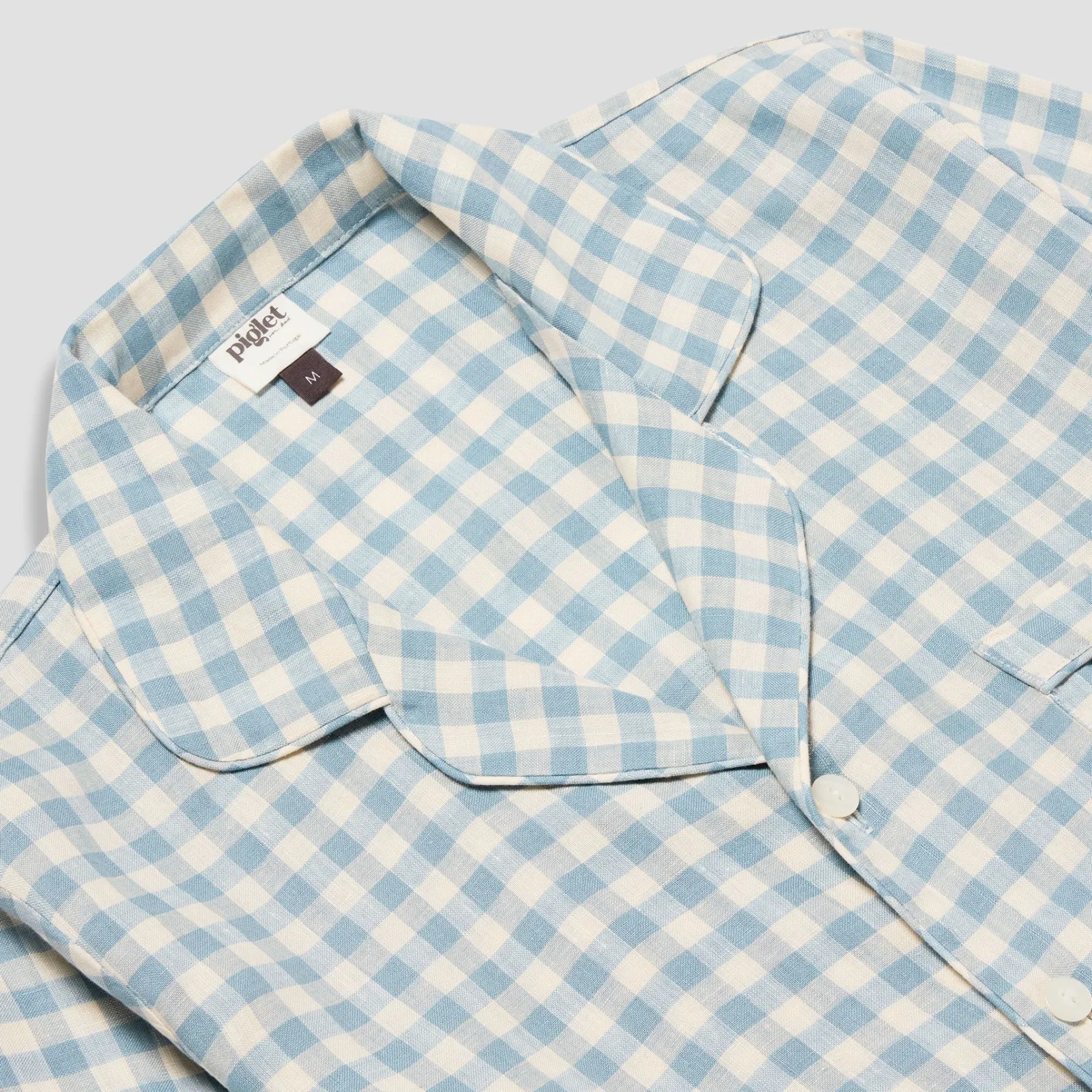 Piglet in Bed Men's Linen Pajama Shirt Warm Blue Gingham Fashion