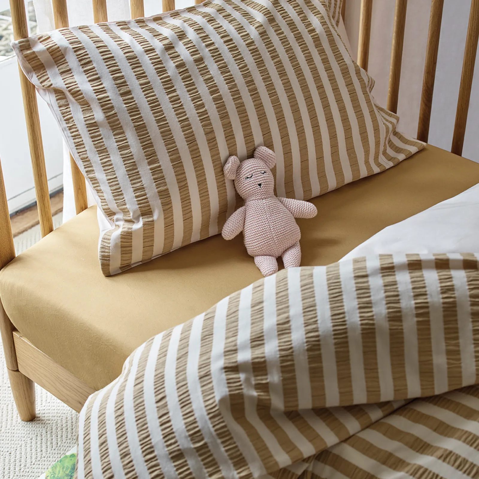 Piglet in Bed Ochre Seersucker Kids Stripe Cotton Bedding Set Ochre Stripe New