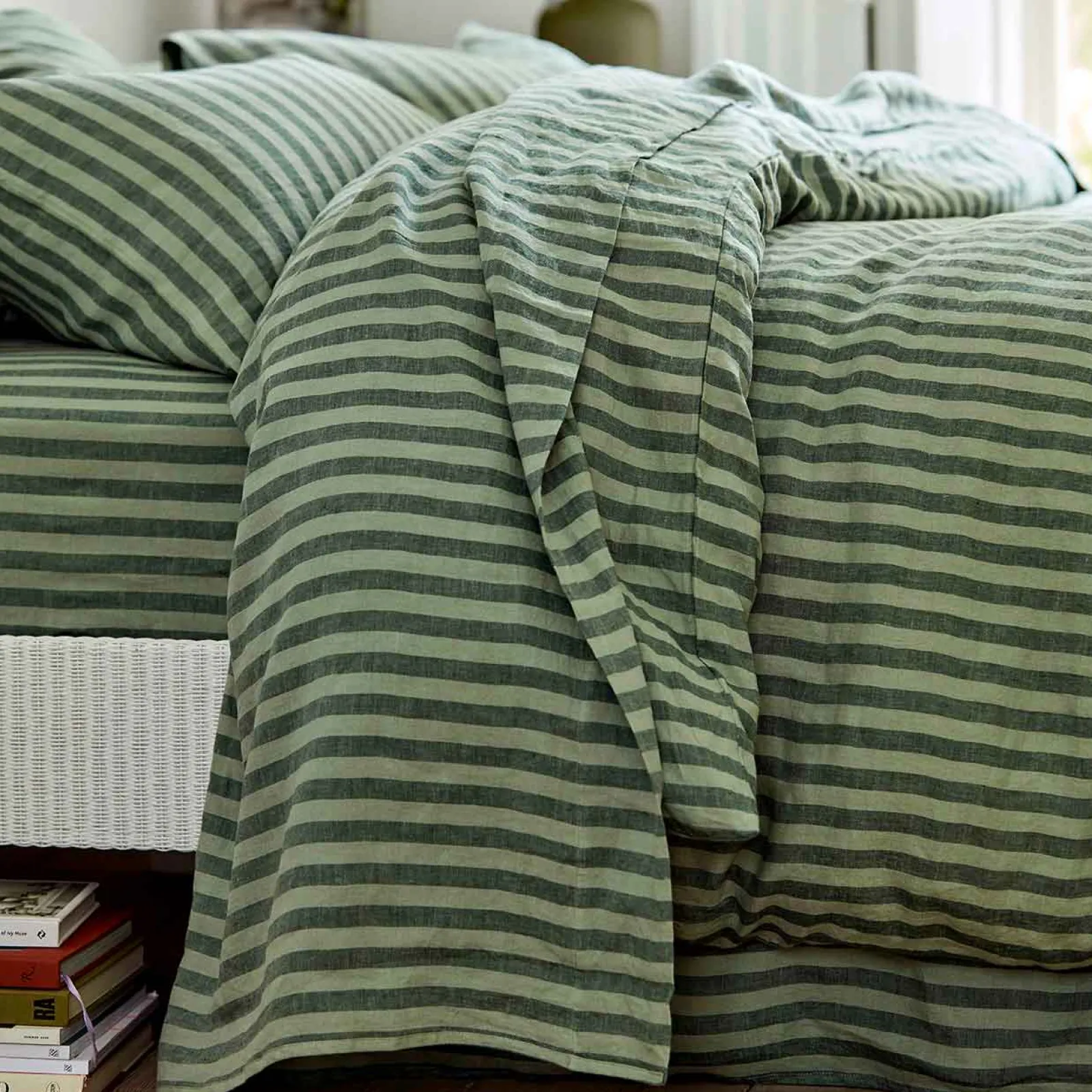 Piglet in Bed Linen Blend Flat Sheet Pine Green Pembroke Stripe Cheap