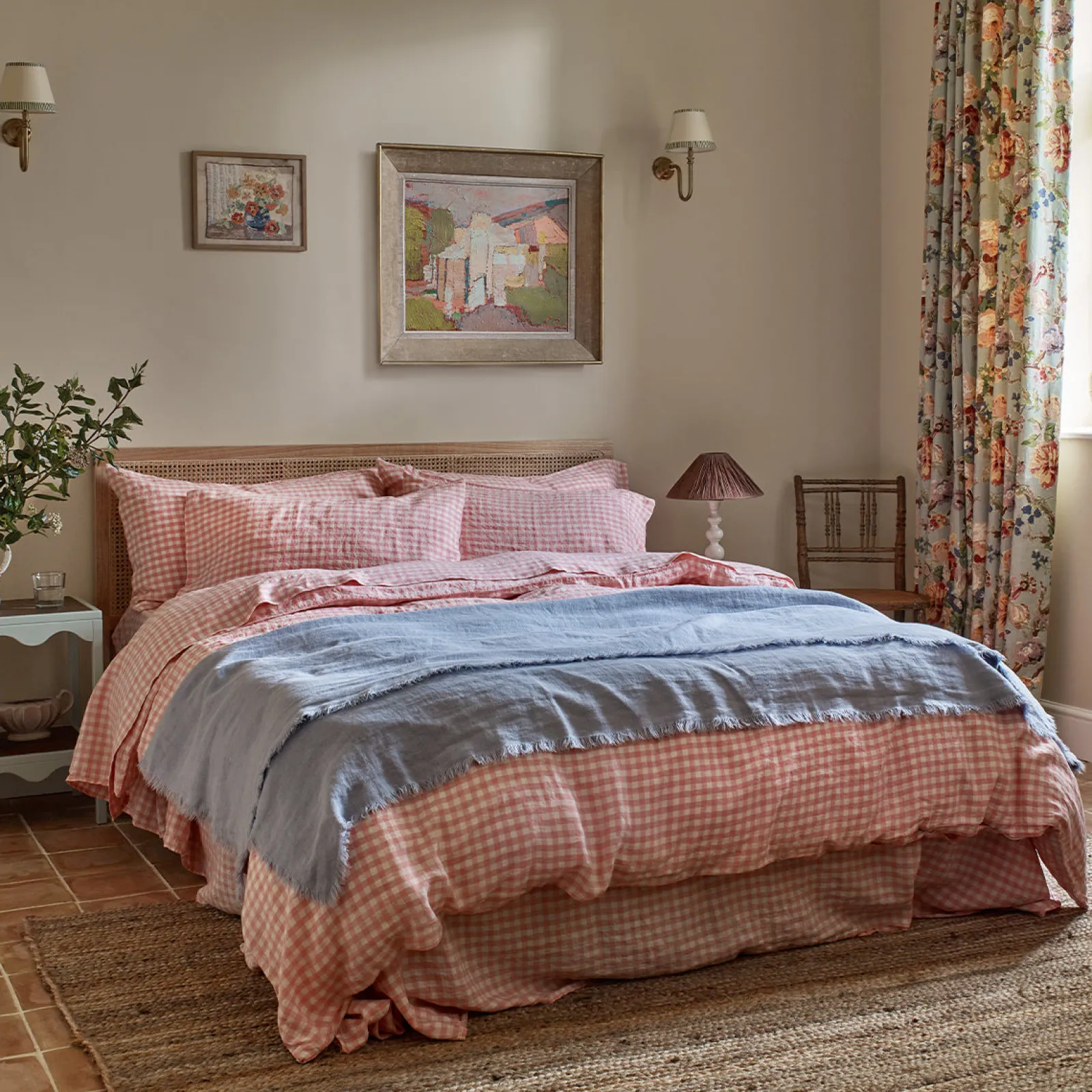 Piglet in Bed 100% Linen Duvet Cover Pink Bloom Gingham Flash Sale