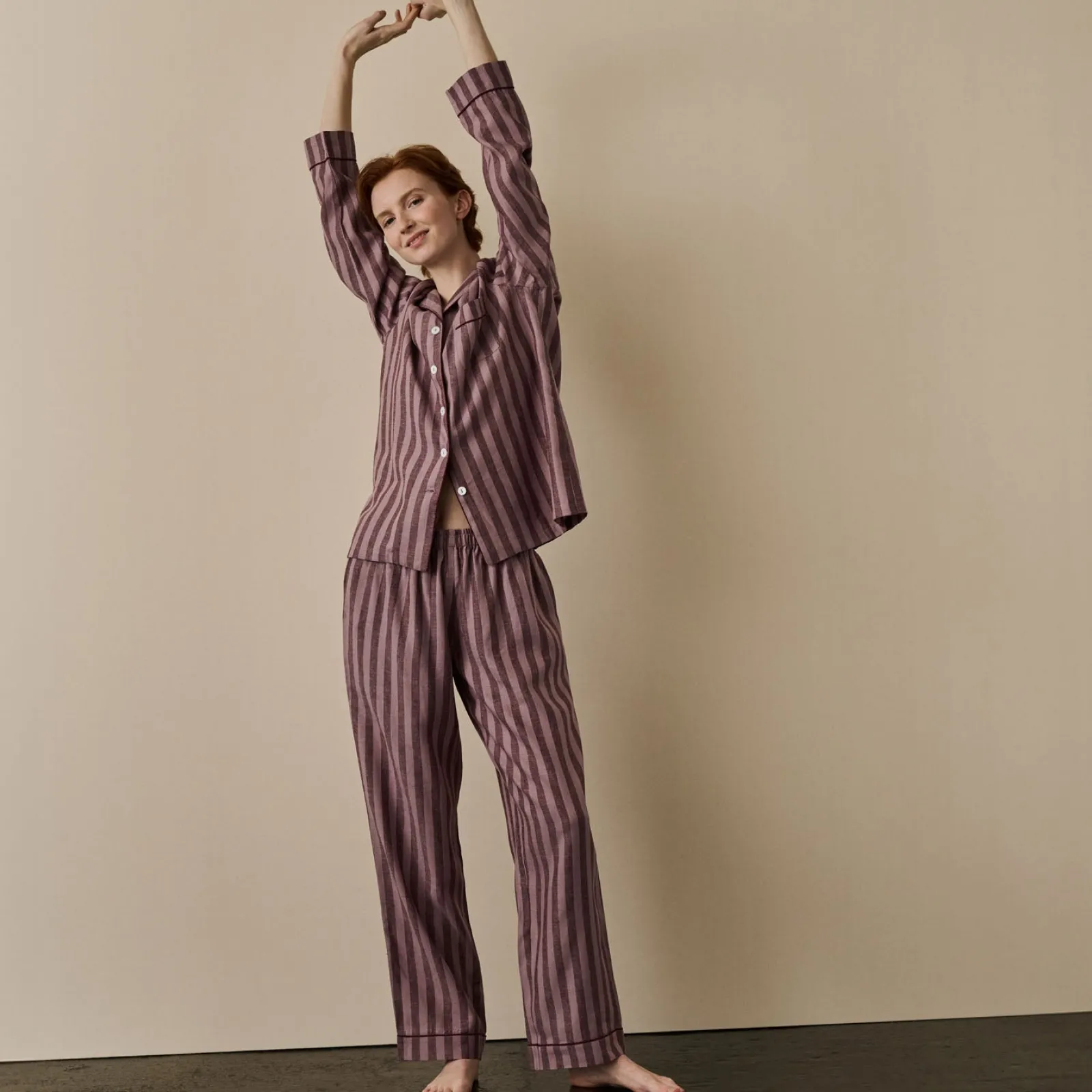 Piglet in Bed d Linen Pajama pants Port & Woodrose Stripe Clearance