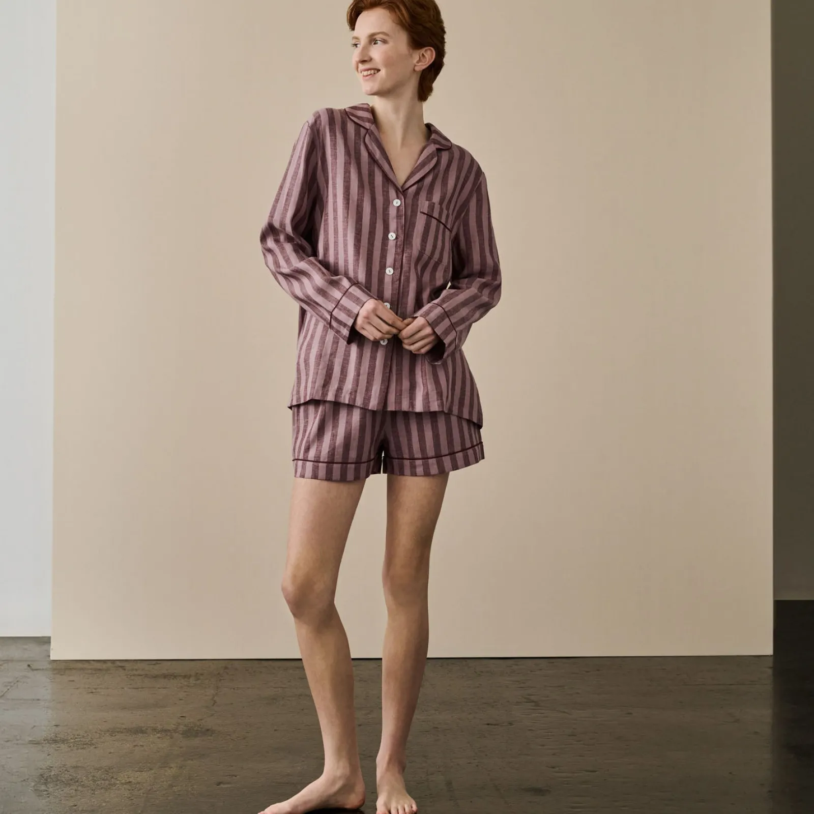 Piglet in Bed d Linen Pajama Shorts Set Port & Woodrose Stripe Sale