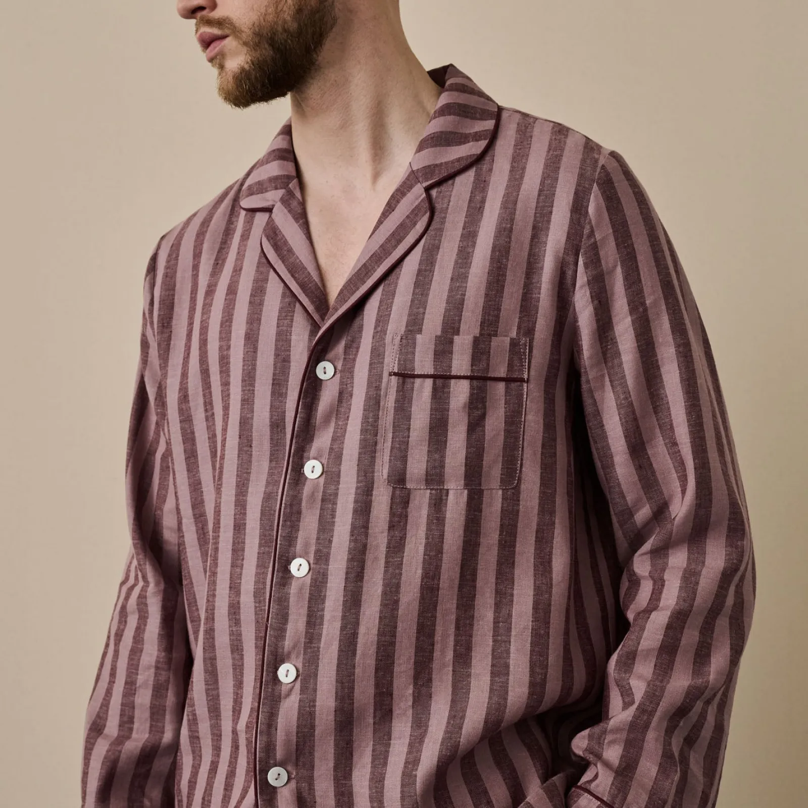 Piglet in Bed Port Woodrose Striped Linen Tencel Men's Pajama Shirt Port & Woodrose Stripe Clearance