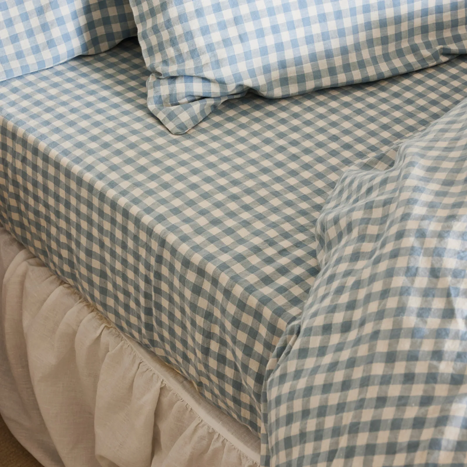 Piglet in Bed Linen Blend Fitted Sheet Warm Blue Gingham Fashion