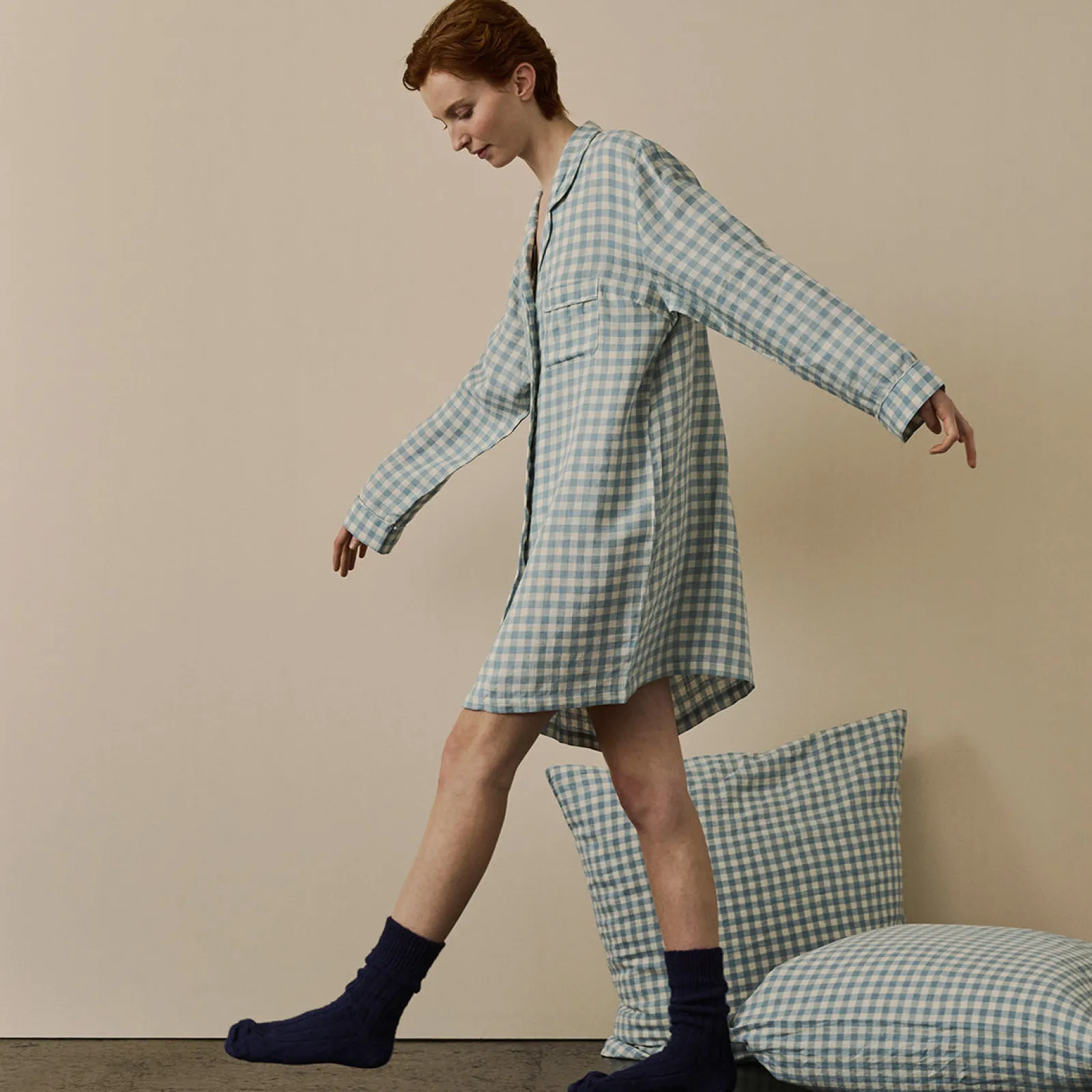 Piglet in Bed Linen Night Shirt Warm Blue Gingham Sale