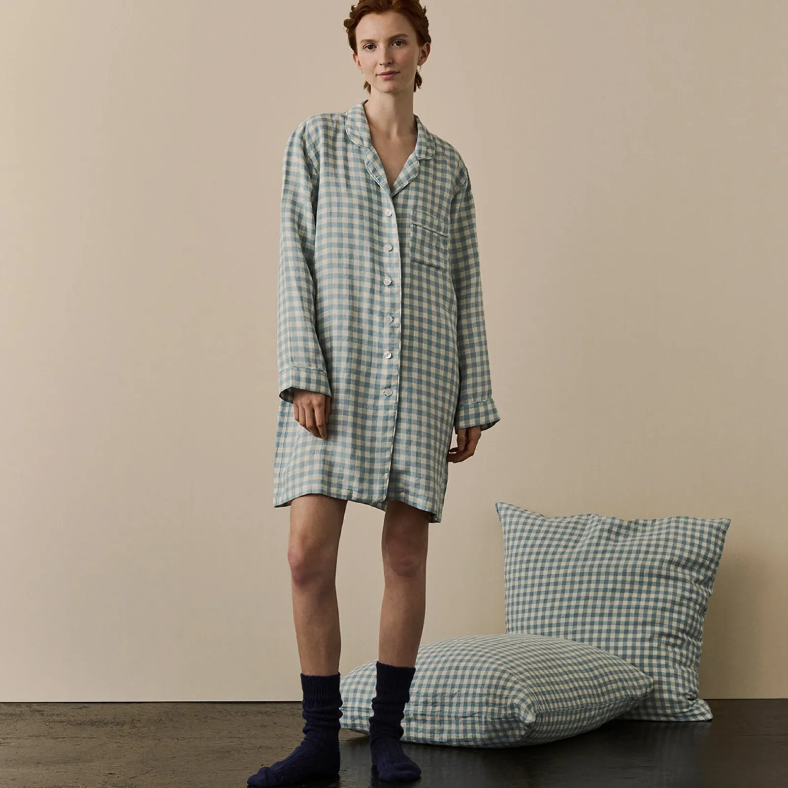 Piglet in Bed Linen Night Shirt Warm Blue Gingham Sale