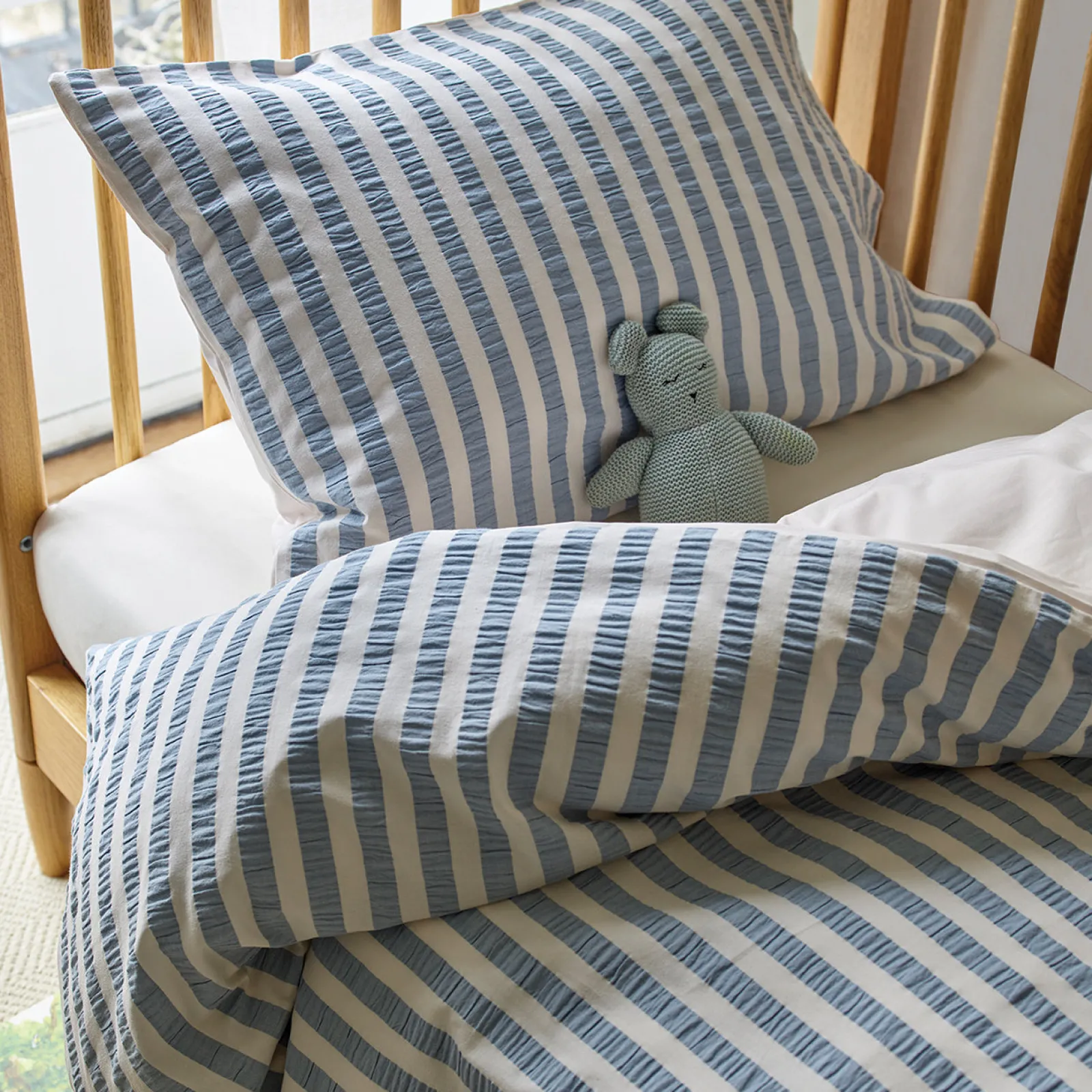 Piglet in Bed Warm Blue Seersucker Kids Stripe Cotton Bedding Set Warm Blue Stripe Shop