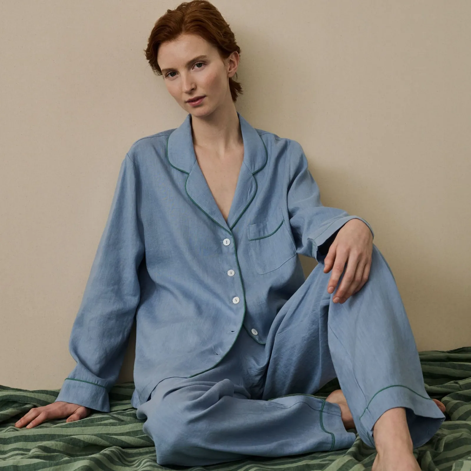 Piglet in Bed Linen Pajama Set Wave Blue Fashion