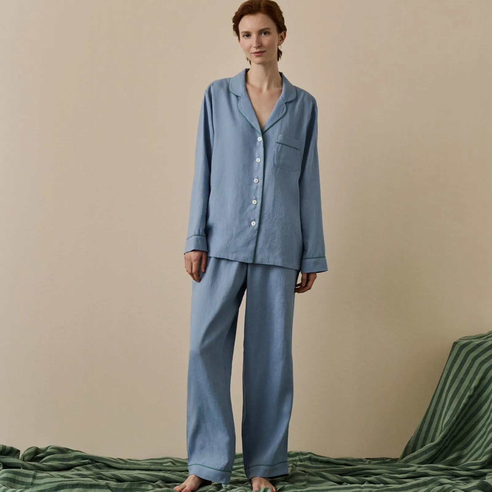 Piglet in Bed Linen Pajama Set Wave Blue Fashion